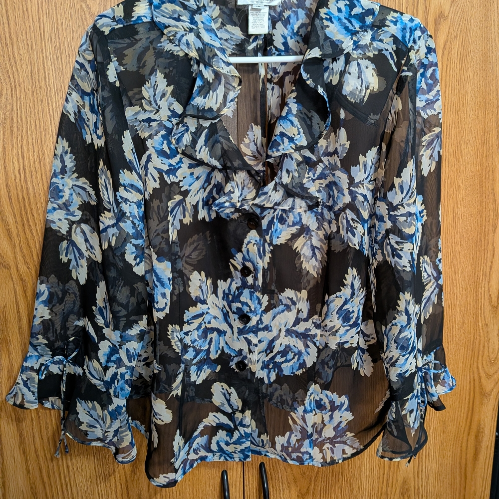 Floral Sheer Ruffle Blouse - Blue and Black